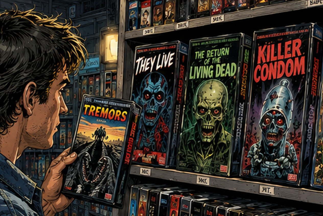 B級映画が並ぶ昔ながらのビデオレンタル店を描いた劇画風イメージ