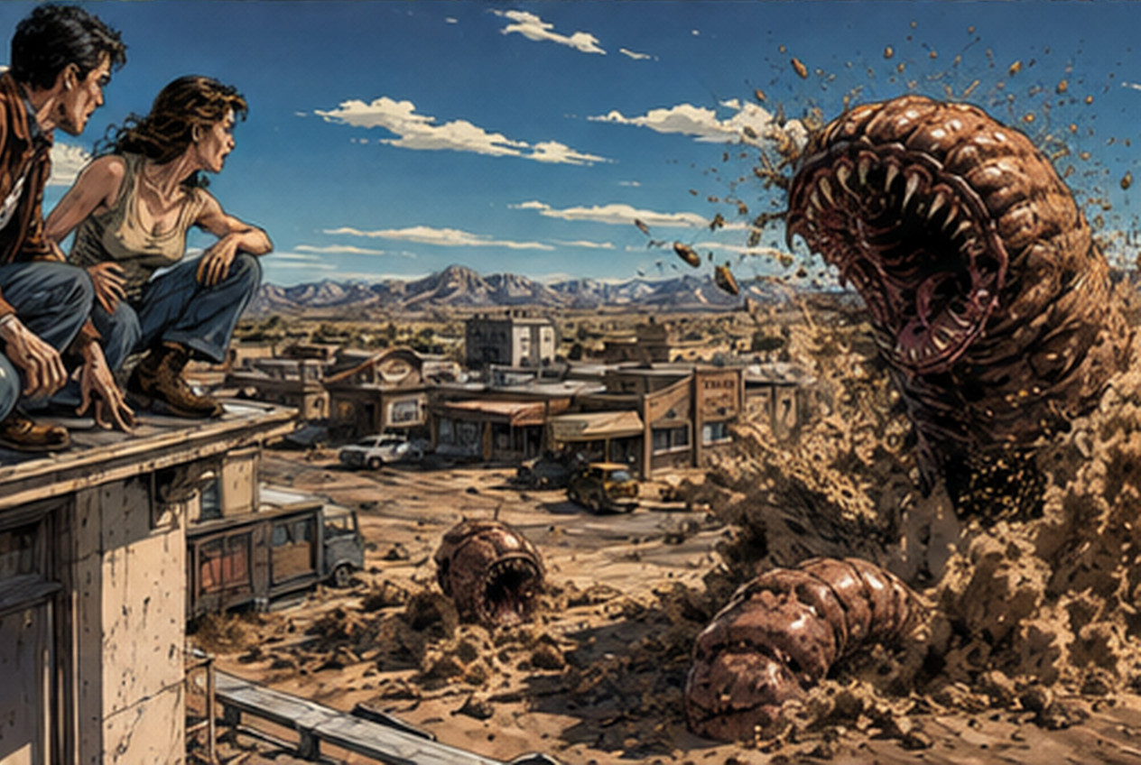 砂漠の町で地中から現れる巨大生物を警戒する住民たちの劇画風モンスター映画イメージ