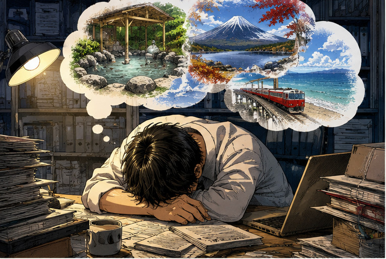 仕事で疲れて机に伏しながら温泉や山、海、鉄道旅行を思い浮かべる会社員
