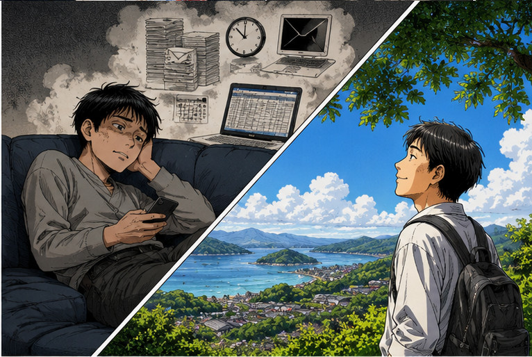 自宅で仕事のことが頭から離れない男性と旅先の風景を楽しむ男性を対比した場面