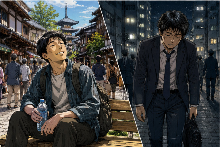 観光地で歩き疲れながら満足そうに休む旅行者と残業後に疲れて帰宅する会社員の対比