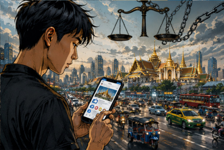 バンコクの街並みと王宮を背景にスマートフォンでSNSを見る人物を描いたイメージ