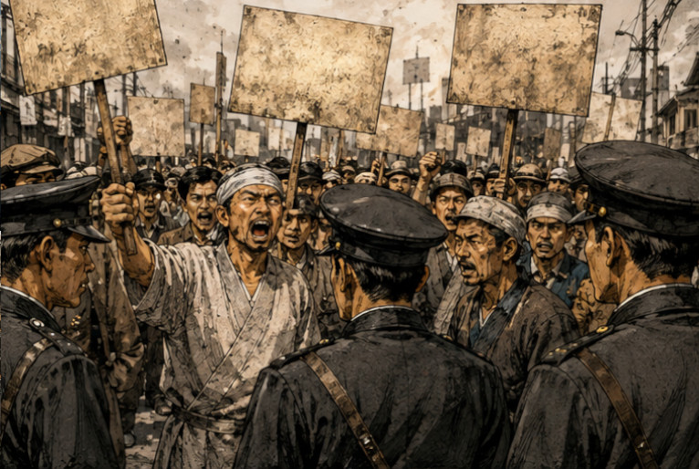 終戦直後の日本で食糧難に抗議する群衆と警察官を描いた歴史イメージ