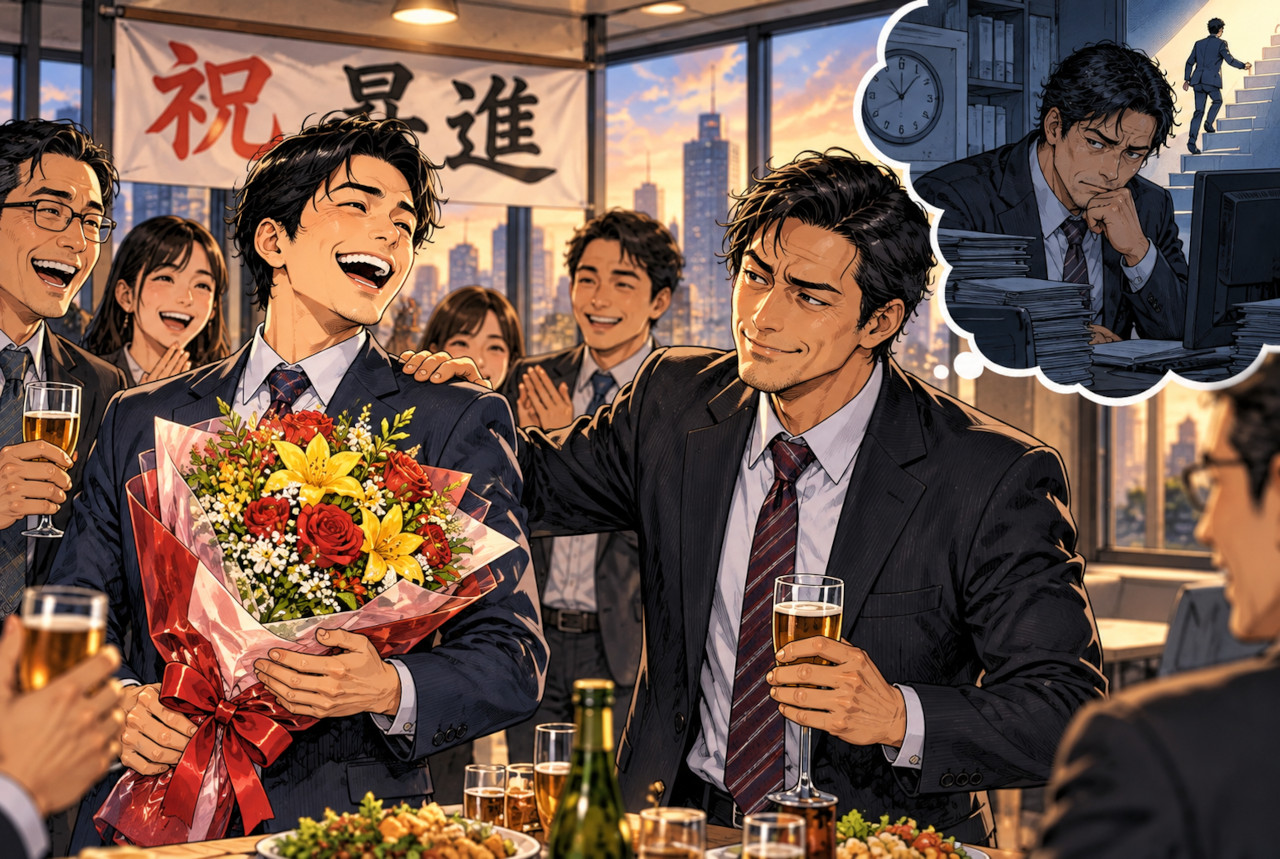 A middle-aged office worker congratulating a promoted colleague while privately comparing his own career position