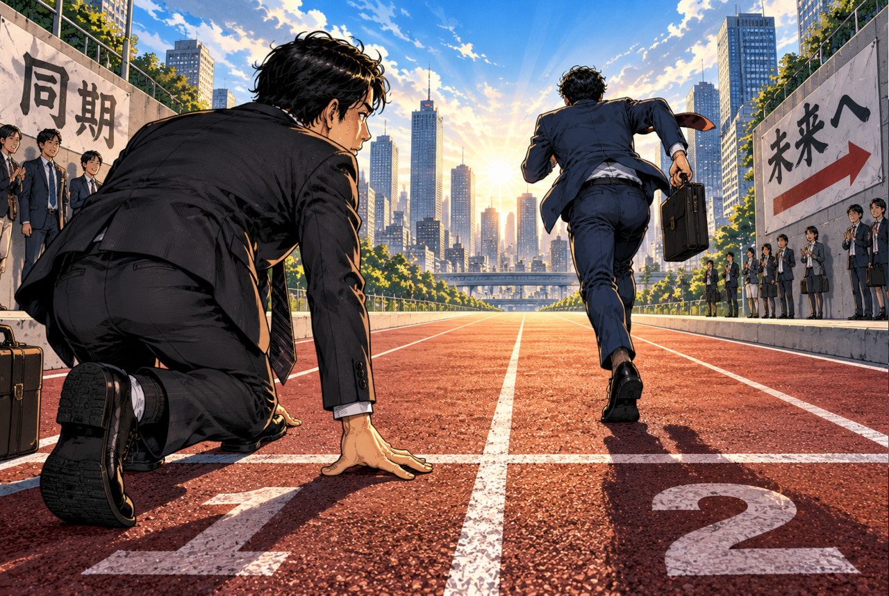 Two office workers represented as runners, with one moving ahead while the other compares his progress