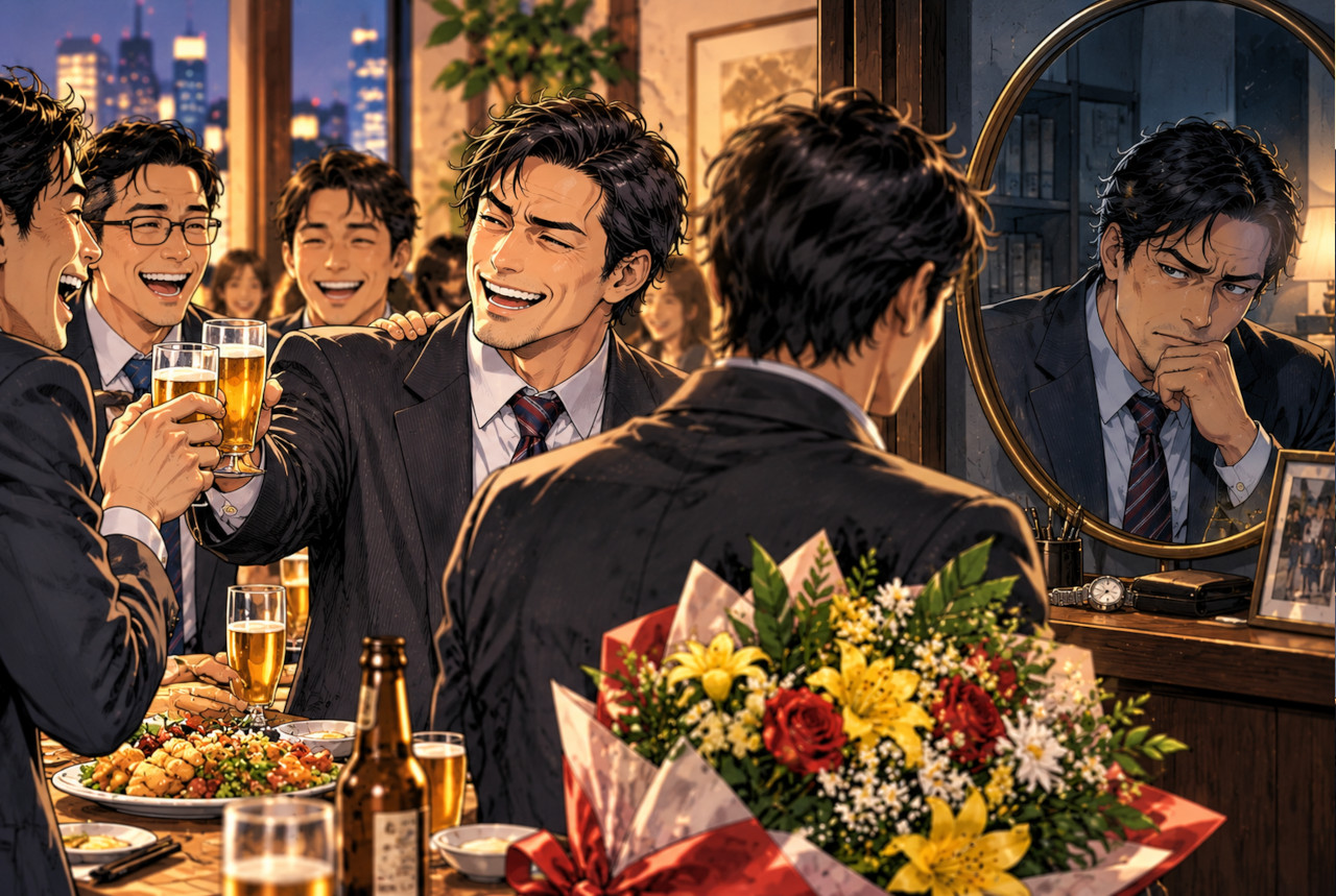 A man celebrating a friend's success while his mirror reflection shows mixed feelings of happiness and envy