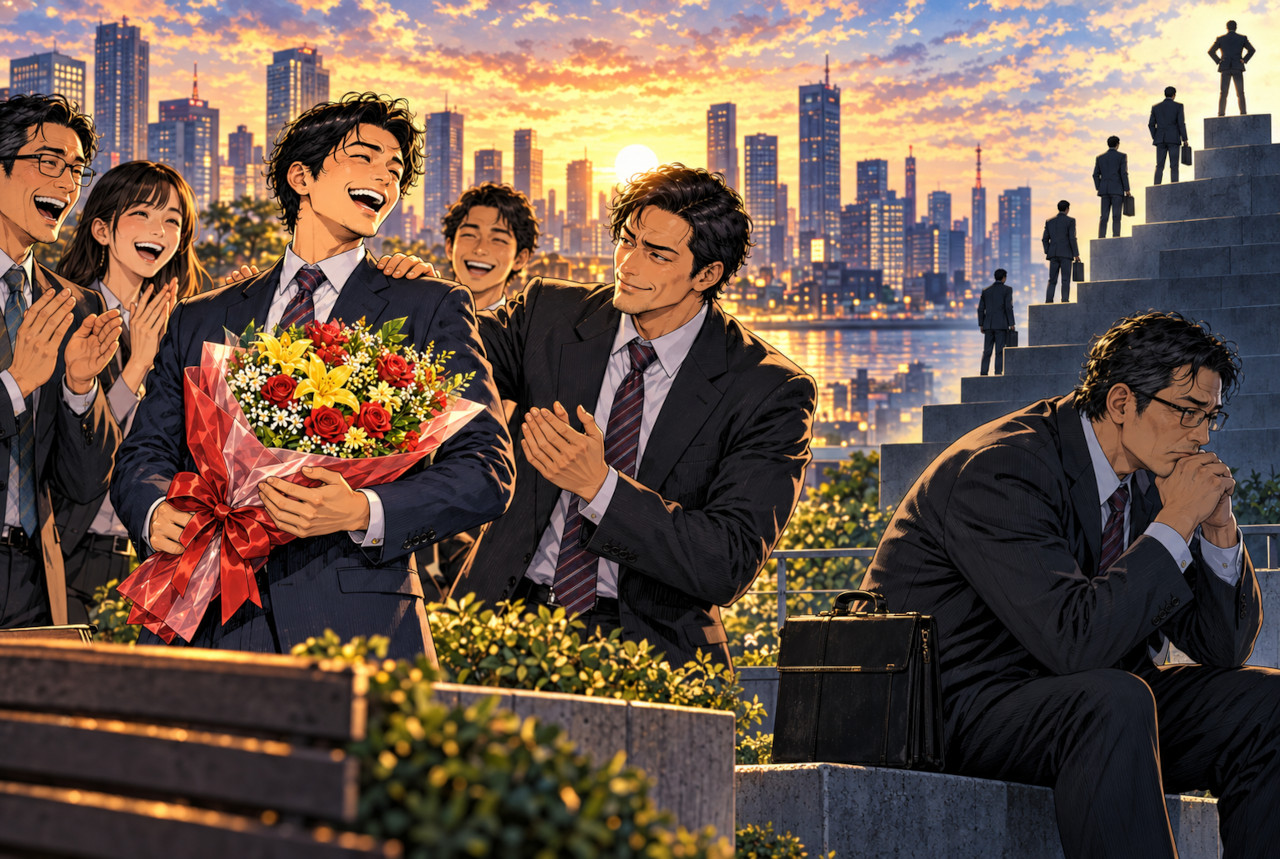 Friends celebrating another person's success contrasted with a man preoccupied with social rank and comparison