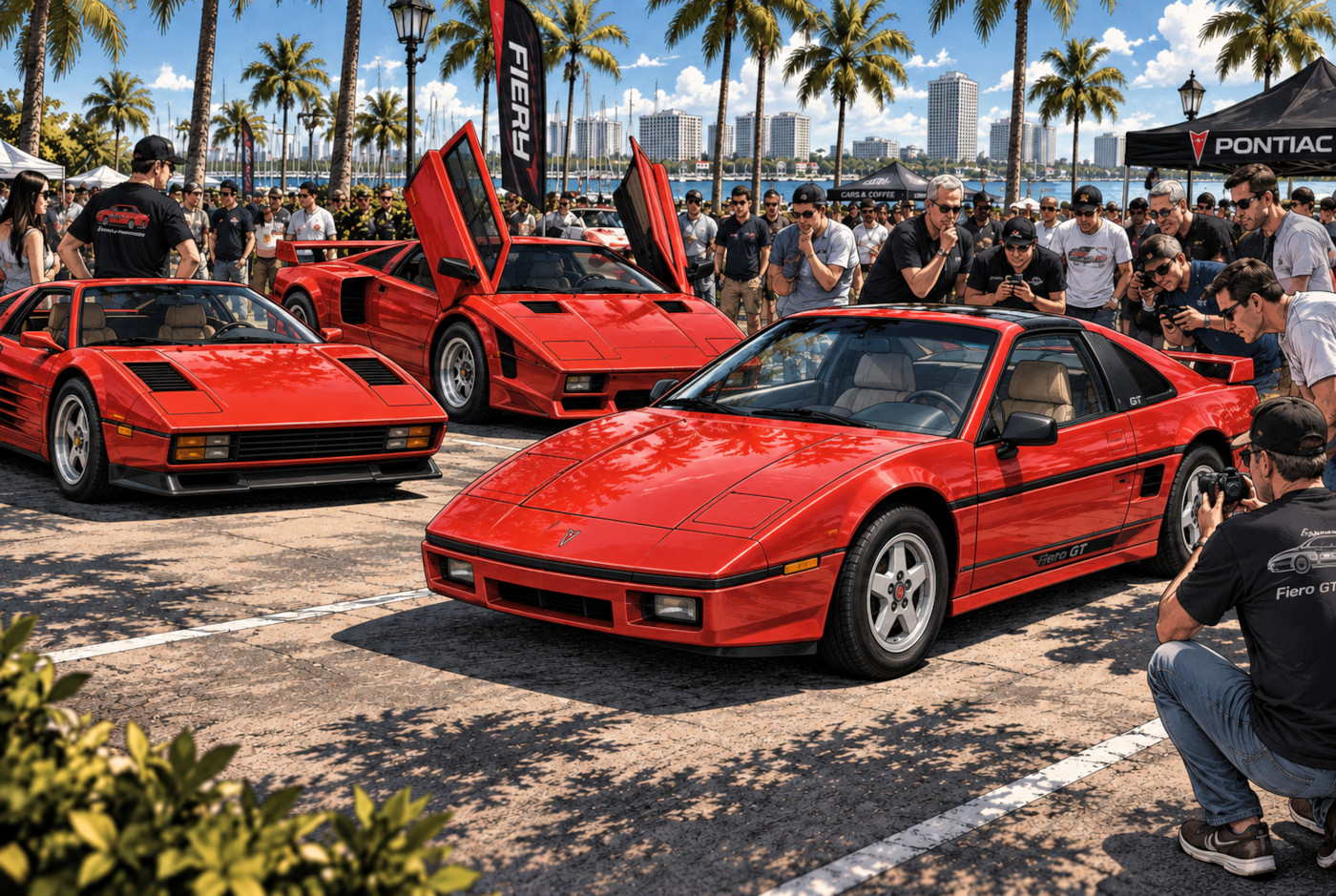FieroレプリカとノーマルFiero GTが並ぶクラシックカーイベント