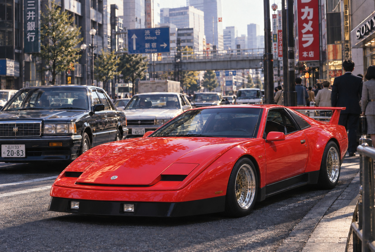 1990年前後の日本の街に停まるTojanを再現したAI生成イメージ