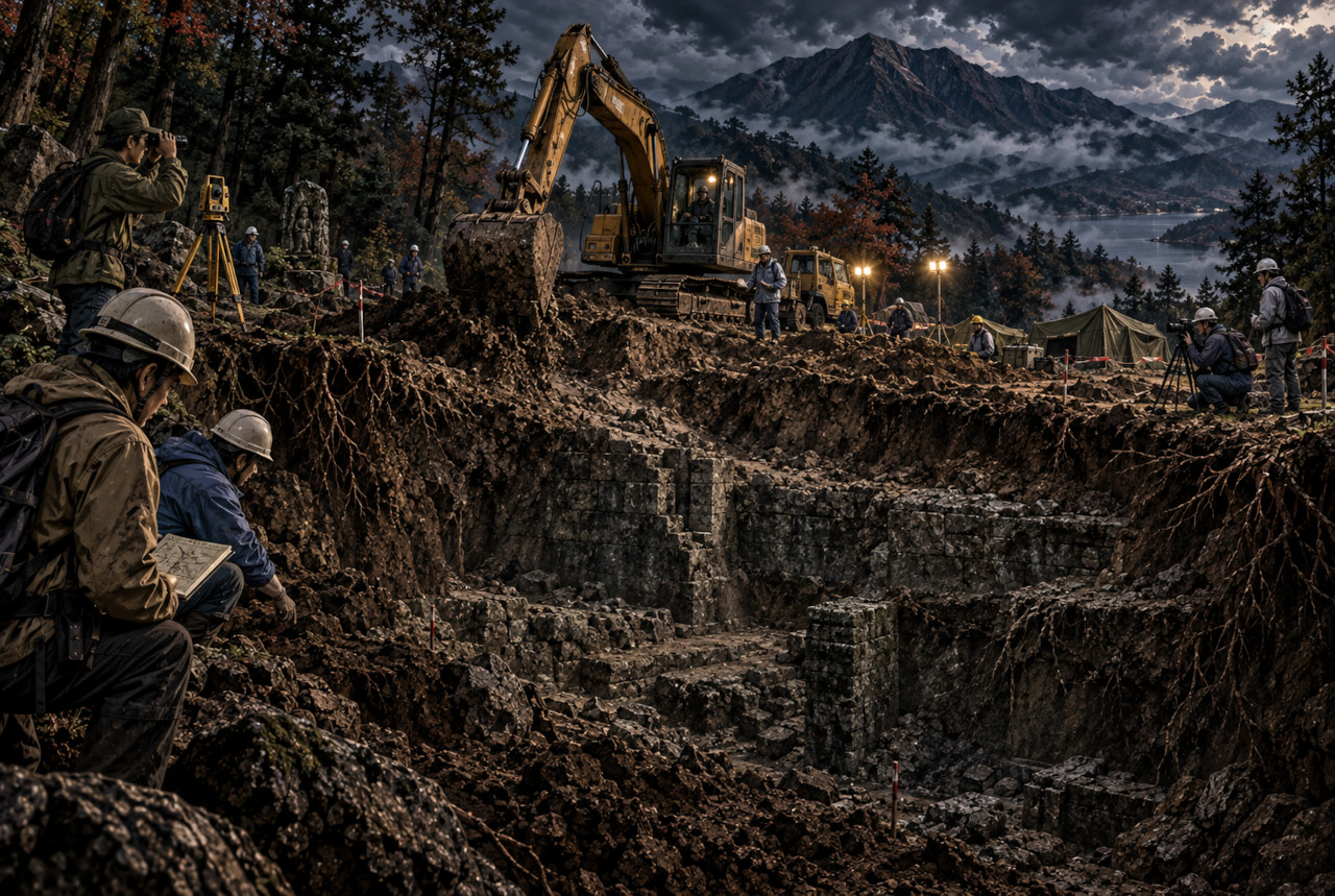 赤城山で行われた徳川埋蔵金の大規模発掘をイメージした画像