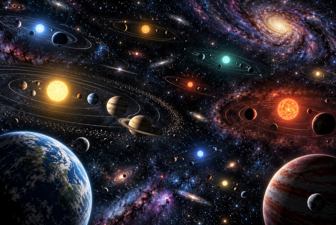 銀河系に多数の恒星と惑星系が存在する様子を表した概念図