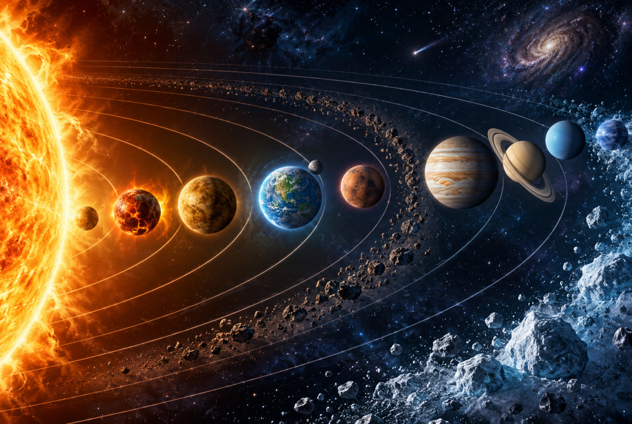 恒星からの距離による高温域・ハビタブルゾーン・低温域を表した概念図