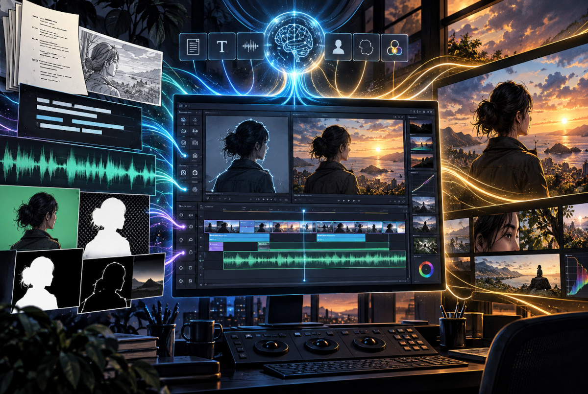 DaVinci Resolve 20でAI機能が編集工程に統合されるイメージ
