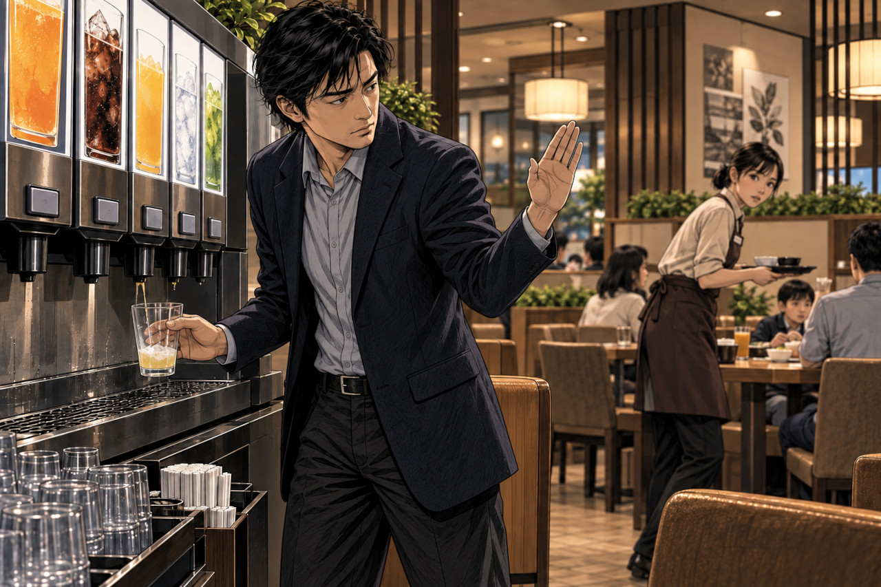 Customer at a Japanese family restaurant reporting an empty self-service drink dispenser to a staff member