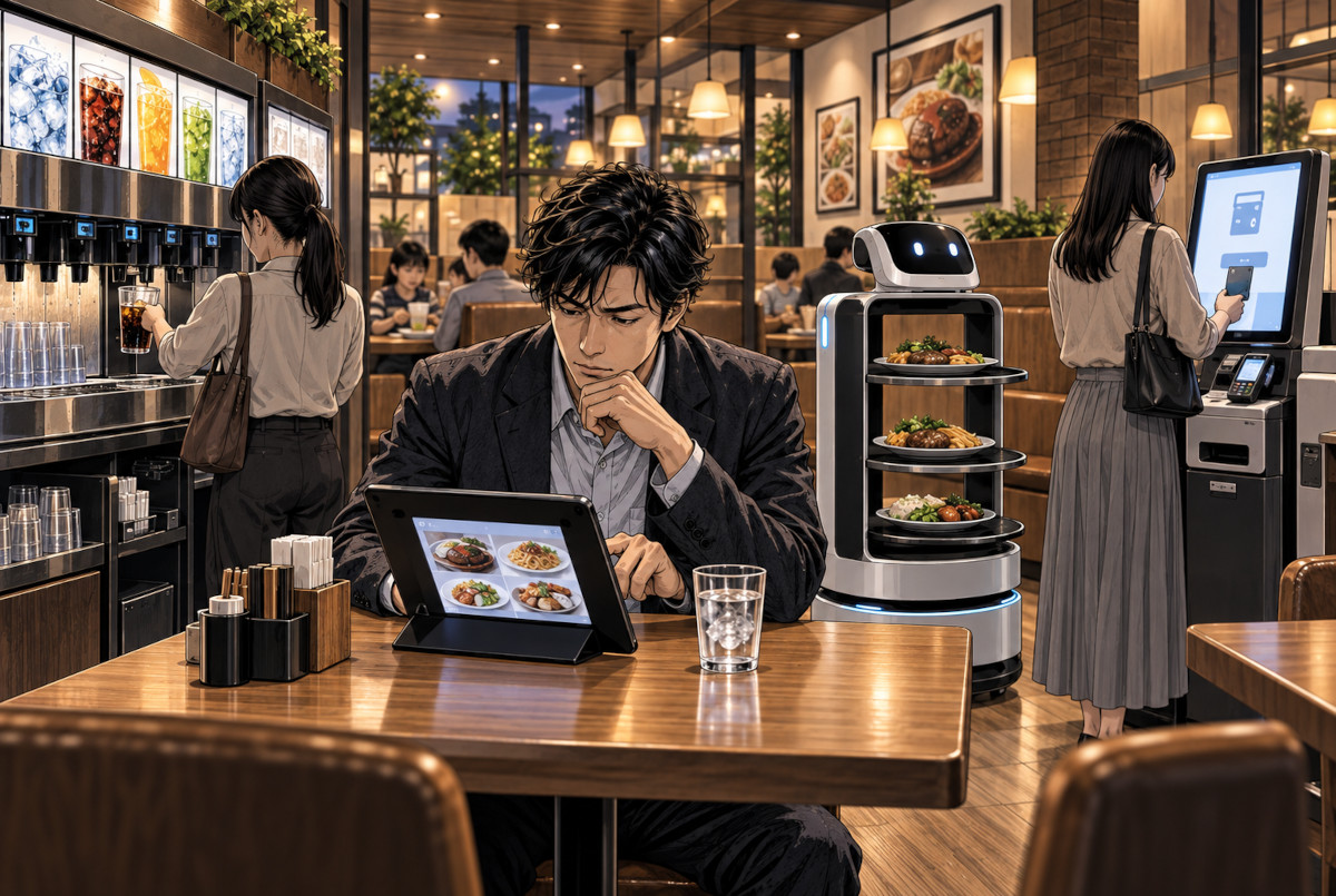 Japanese family restaurant customer surrounded by a tablet ordering system, drink bar, serving robot, and self-checkout kiosk