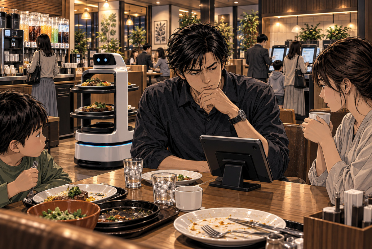 Customer in a Japanese family restaurant using a tablet while a serving robot and self-checkout system operate nearby