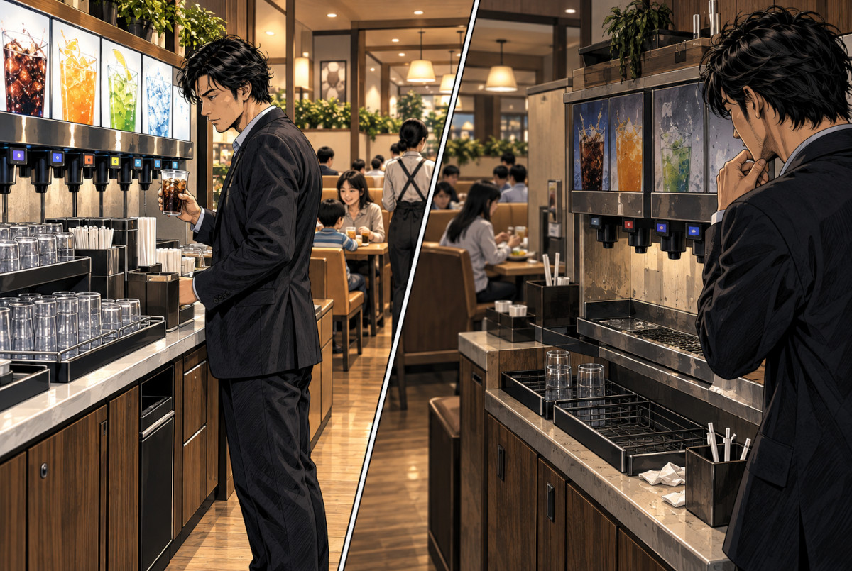 Comparison between a clean well-managed family restaurant drink bar and an under-maintained self-service area
