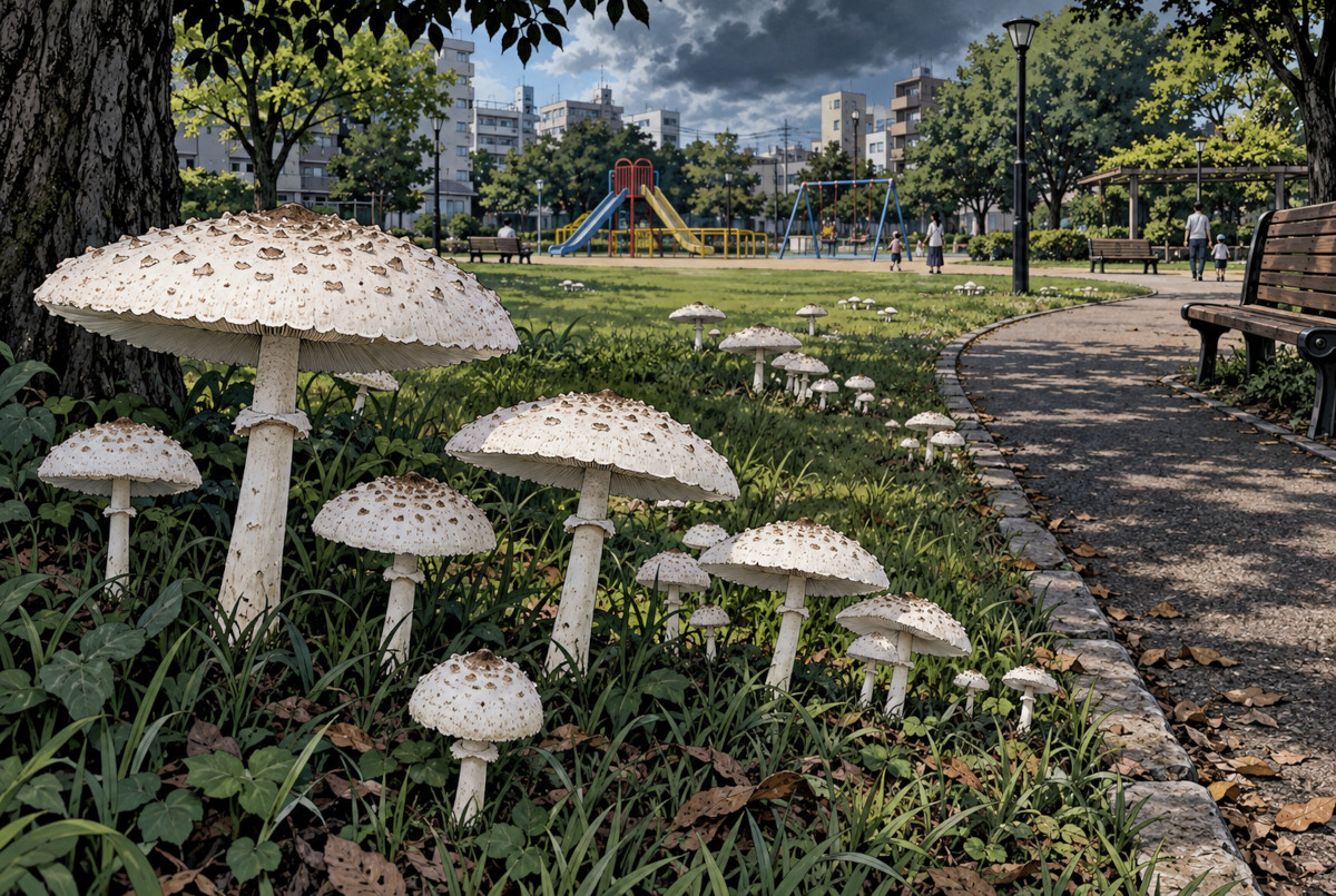 都市公園の芝生に多数発生したオオシロカラカサタケをイメージしたAI生成画像