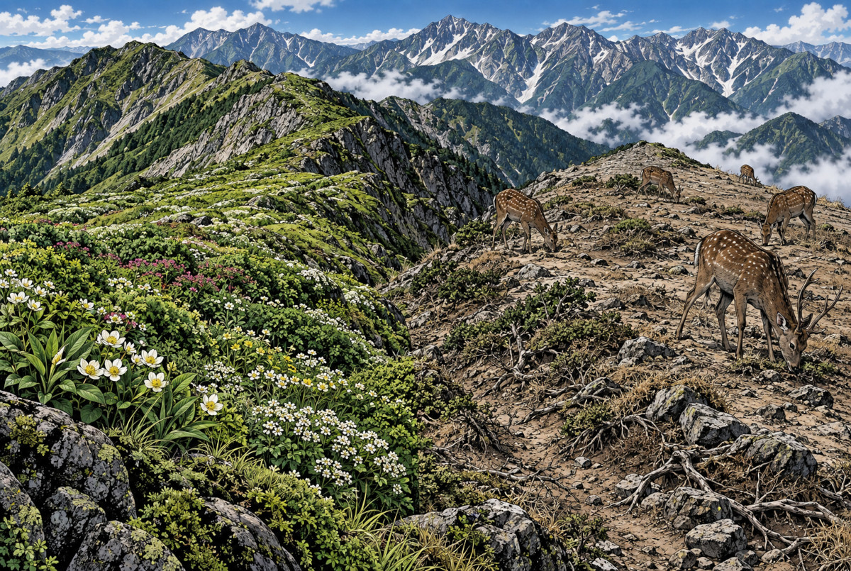ニホンジカの採食による高山植物の減少と裸地化を比較したイメージ