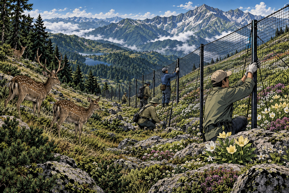 南アルプスの高山帯で防鹿柵を設置する作業員とニホンジカを描いたイメージ