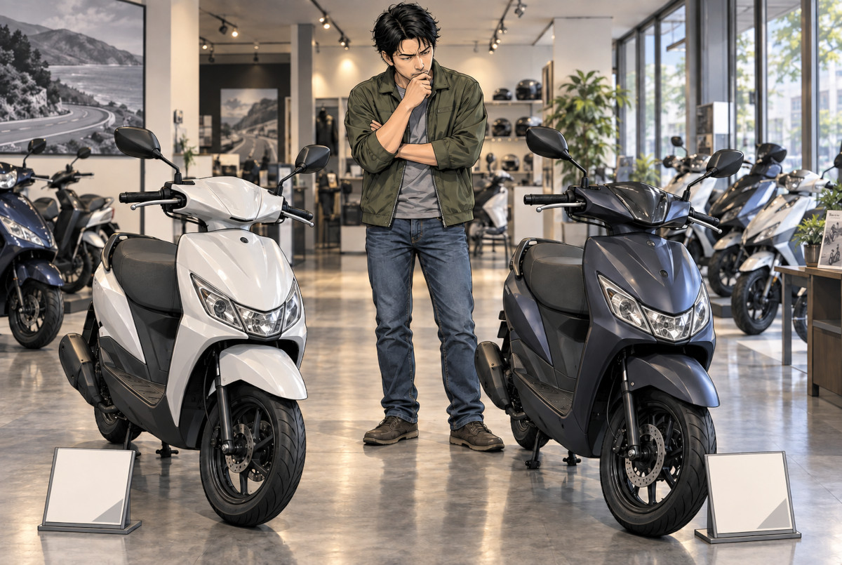 バイク販売店で新基準原付と125cc原付二種スクーターを比較する男性