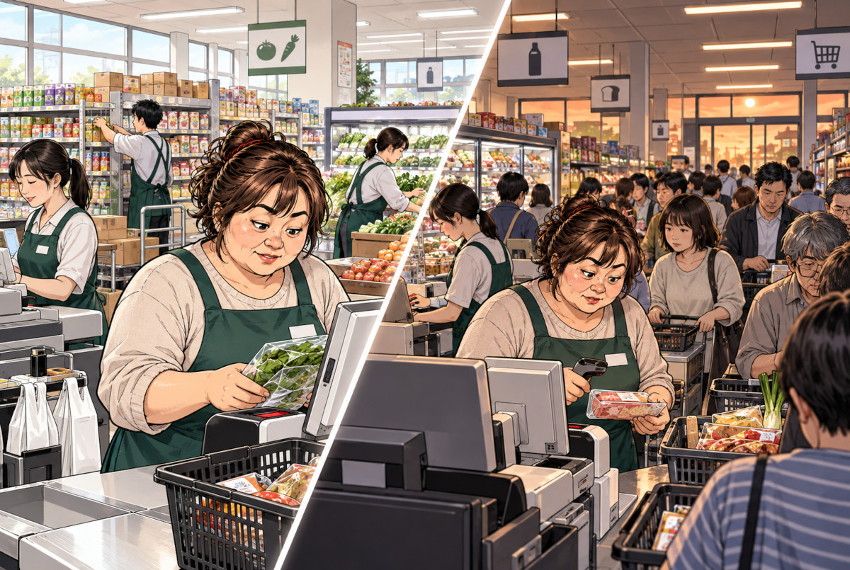昼はスタッフが多い一方、夕方は客が増えて人手が不足しているスーパーのイメージ