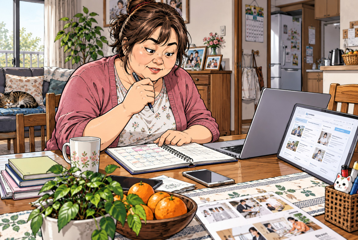求人情報を見ながら自分が働ける曜日や時間をノートに整理する主婦のイメージ
