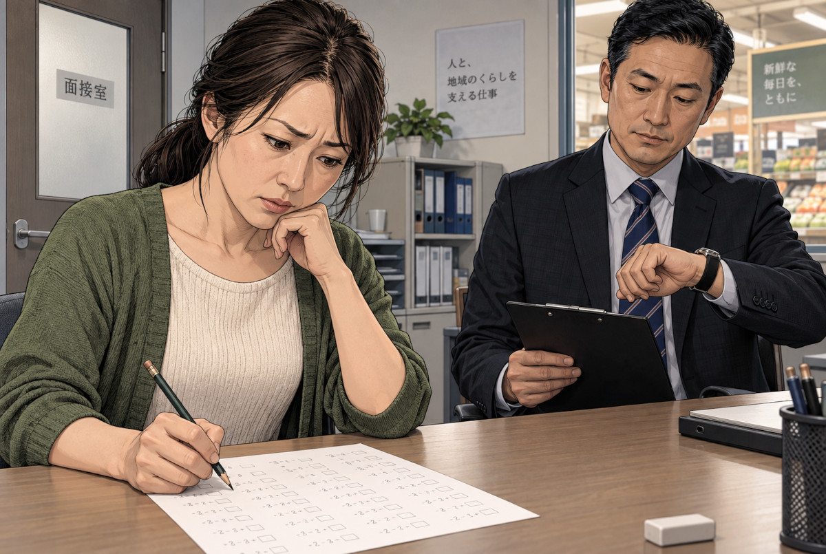 スーパーのパート面接で簡単な計算テストに取り組む応募者のイメージ