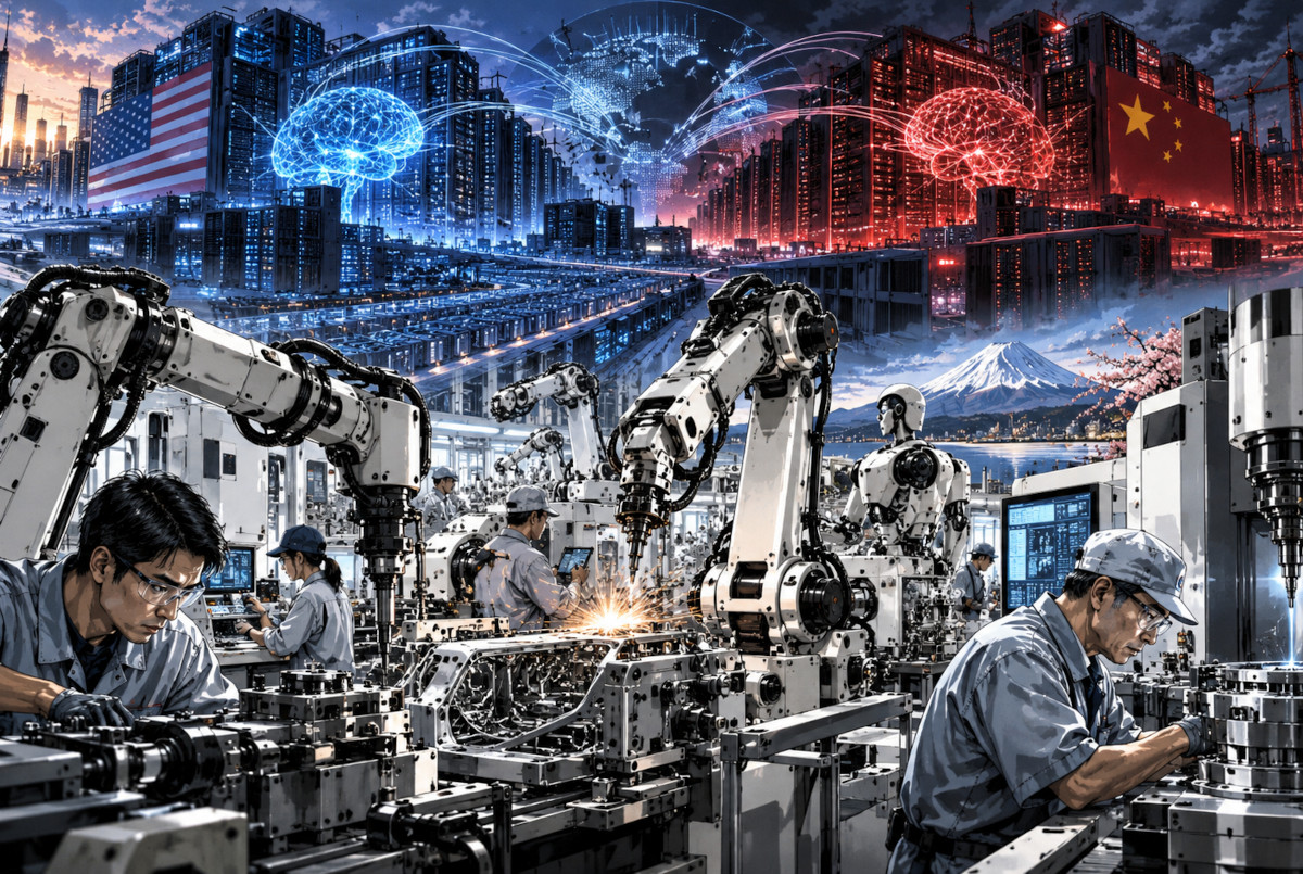 米中の巨大AI開発と日本のロボット産業を対比したイメージ