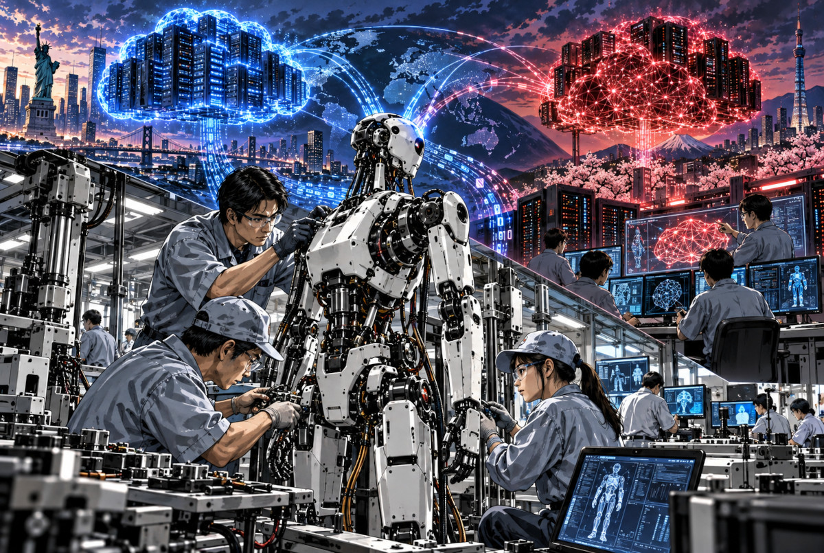 日本製ロボットと海外AI基盤、国産AI開発の関係を表した概念イメージ