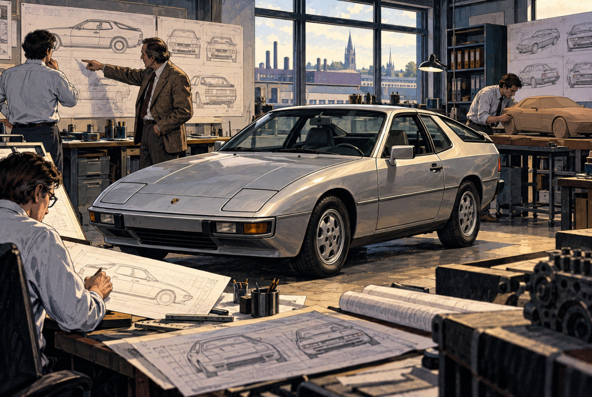 1970年代の開発室でポルシェ924風スポーツカーを検討する技術者を描いたAI生成イメージ