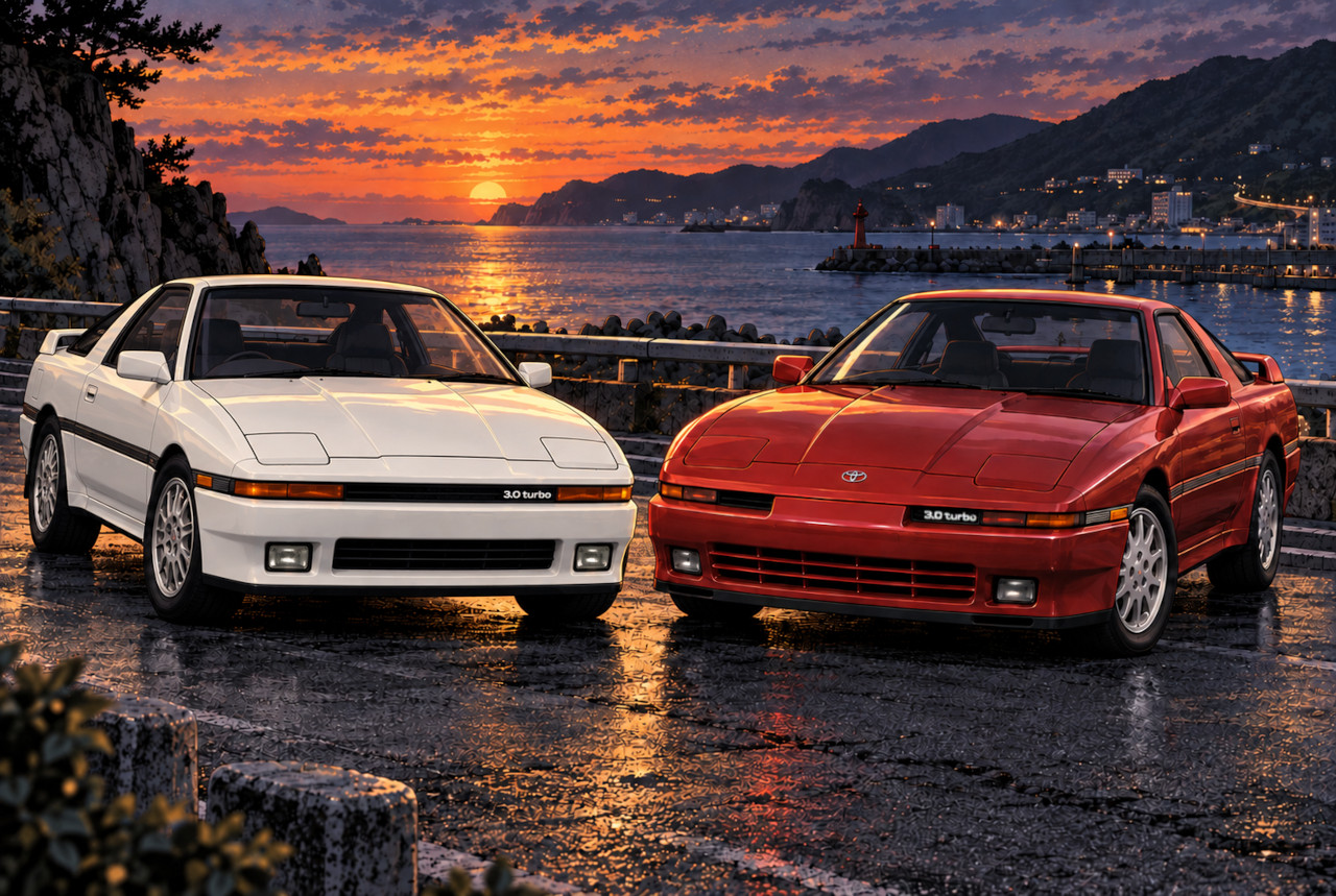 1986年のナローボディA70前期型と、1988年以降のワイドボディA70スープラの比較イメージ