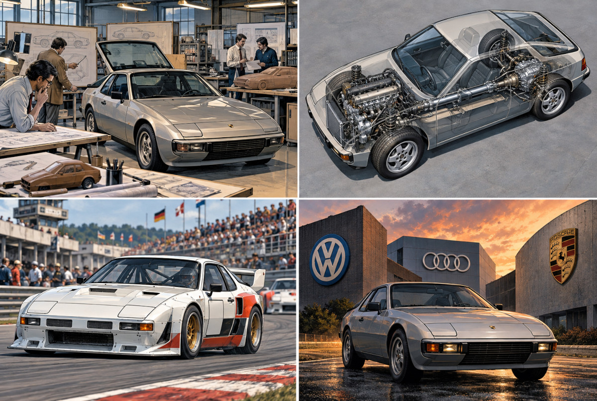 ポルシェ924の開発、トランスアクスル構造、レーシング仕様、VWやAudiとの関係をまとめたAI生成イメージ