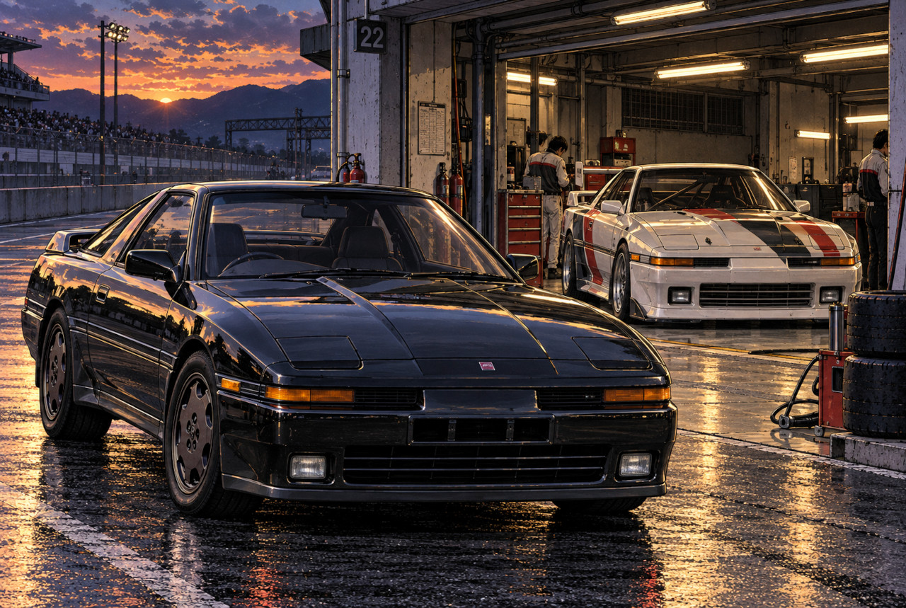 A70スープラ3.0GTターボAとグループA仕様レーシングカーをイメージしたサーキットのピット風景