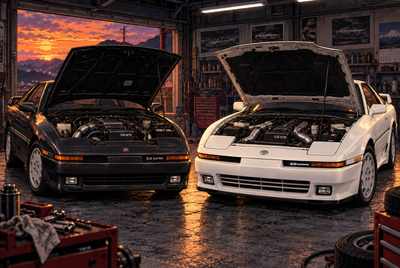 7M-GTEU搭載A70と1JZ-GTE搭載A70を並べたエンジン世代交代のイメージ