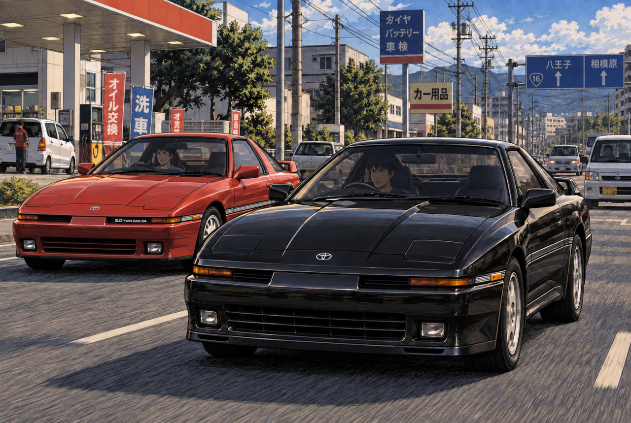 1990年代初頭の日本の街を走る2.5GTツインターボRと標準的な2.0GTのA70スープラ