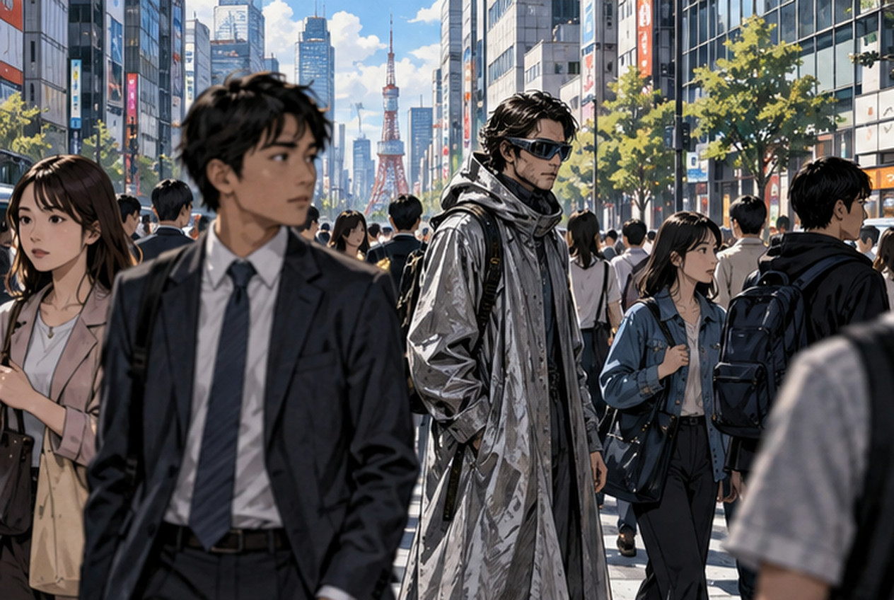 現代の街に未来人らしき旅行者が紛れ込むイメージ