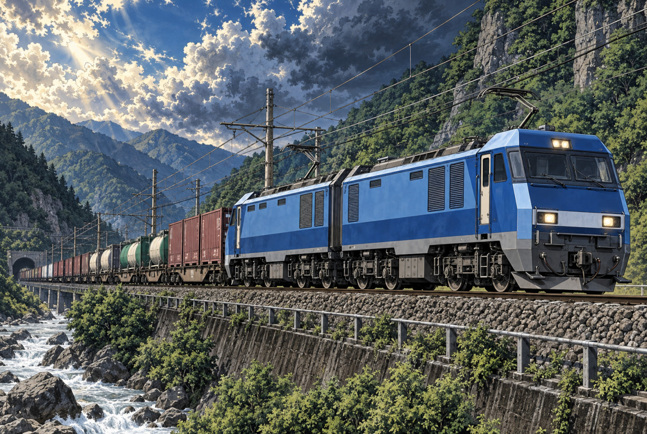 山岳区間で貨物列車を牽引する2車体構造のEH200をイメージしたイラスト