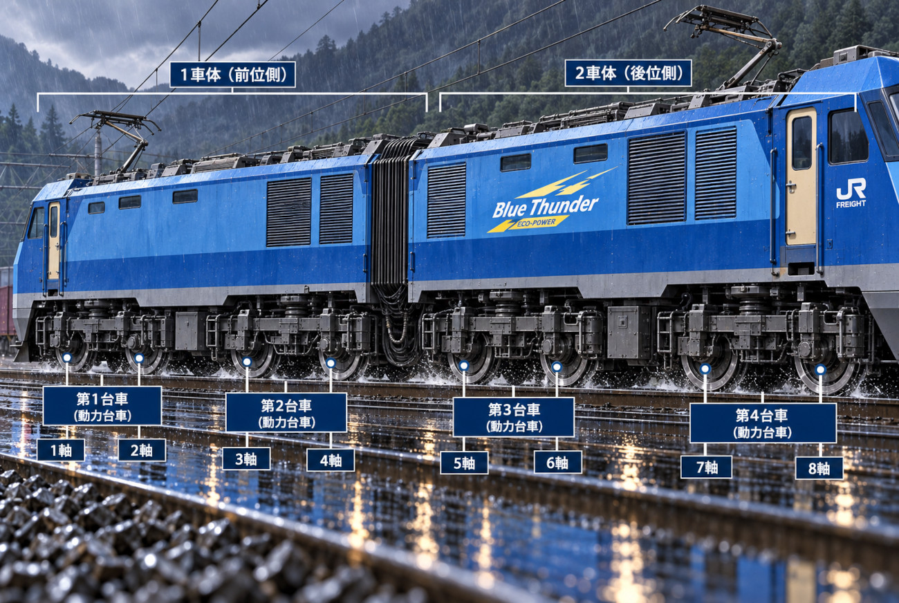 EH200の2車体・4台車・8動軸構成を示した構造解説イメージ
