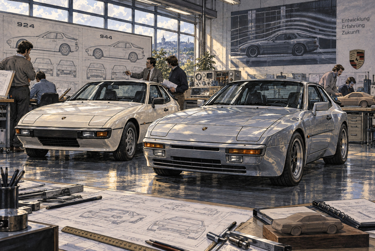ポルシェ924と944を並べた1980年代風の開発施設イメージ