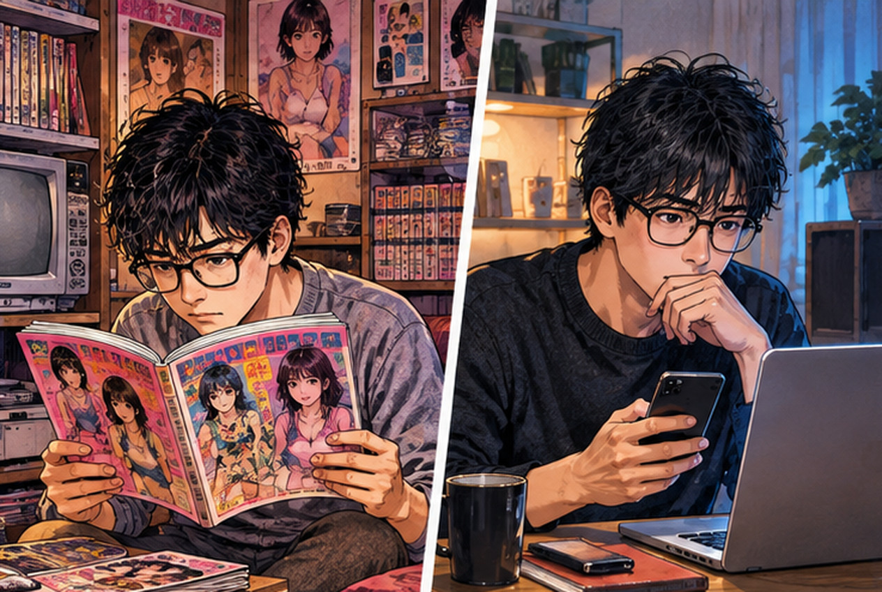 昭和の恋愛指南雑誌と現代のAI恋愛相談を対比したイメージ