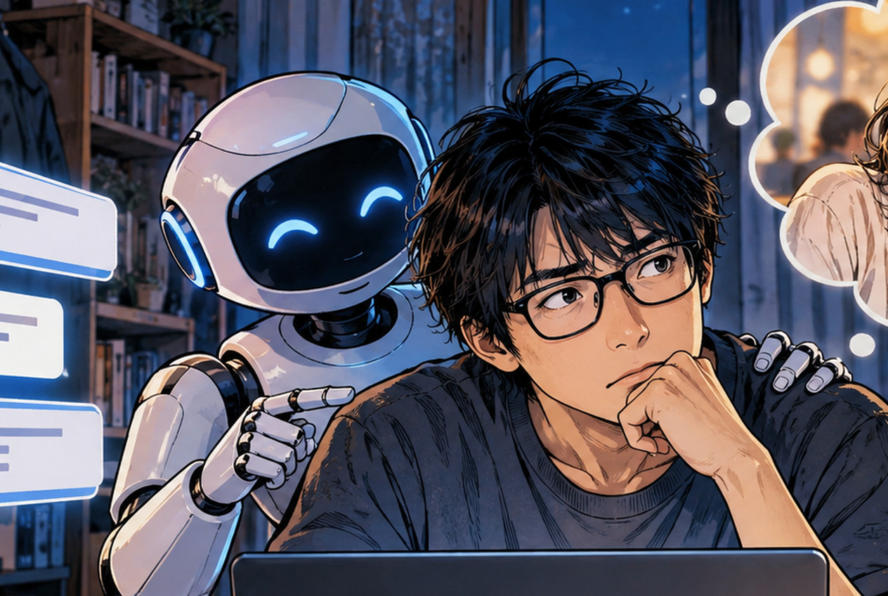 パソコンの前でAIを恋愛相談の補助役として利用する男性のイメージ