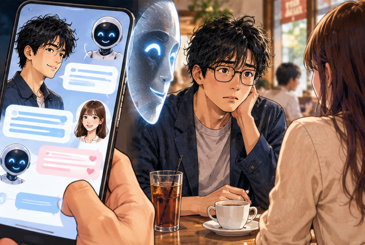 AIで整えたメッセージと実際のデートでの会話の落差を表したイメージ