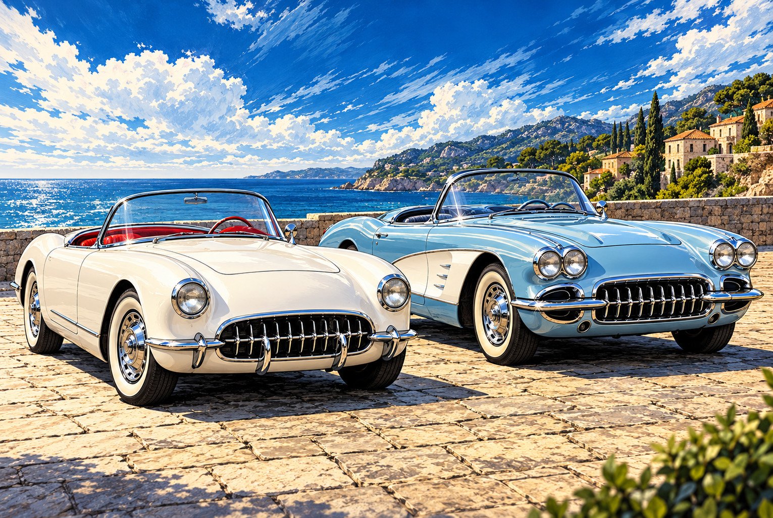 AI illustration comparing an early 1953-style Corvette C1 with a 1958–1960-style C1 showing two-headlight and four-headlight front designs