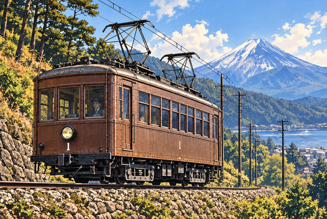 1929年ごろの2基のパンタグラフを備えた富士山麓電気鉄道モ1形のイメージ