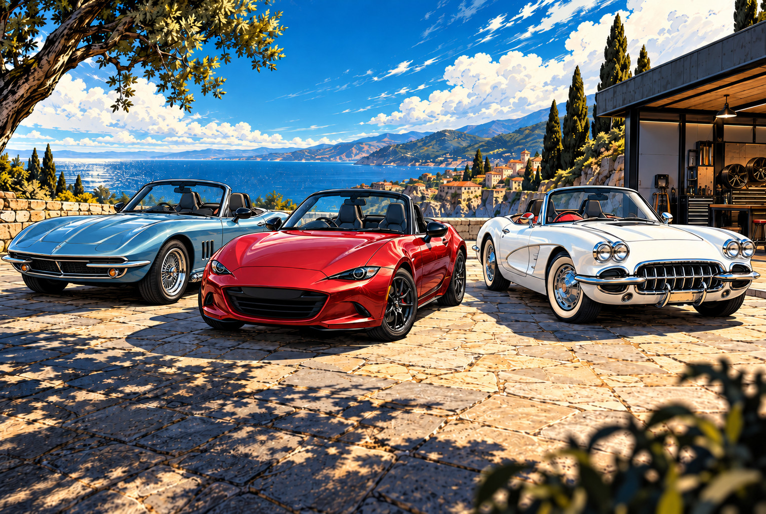 AI design comparison showing a modern compact roadster between a 1960s American-style custom and a late-1950s C1-inspired custom