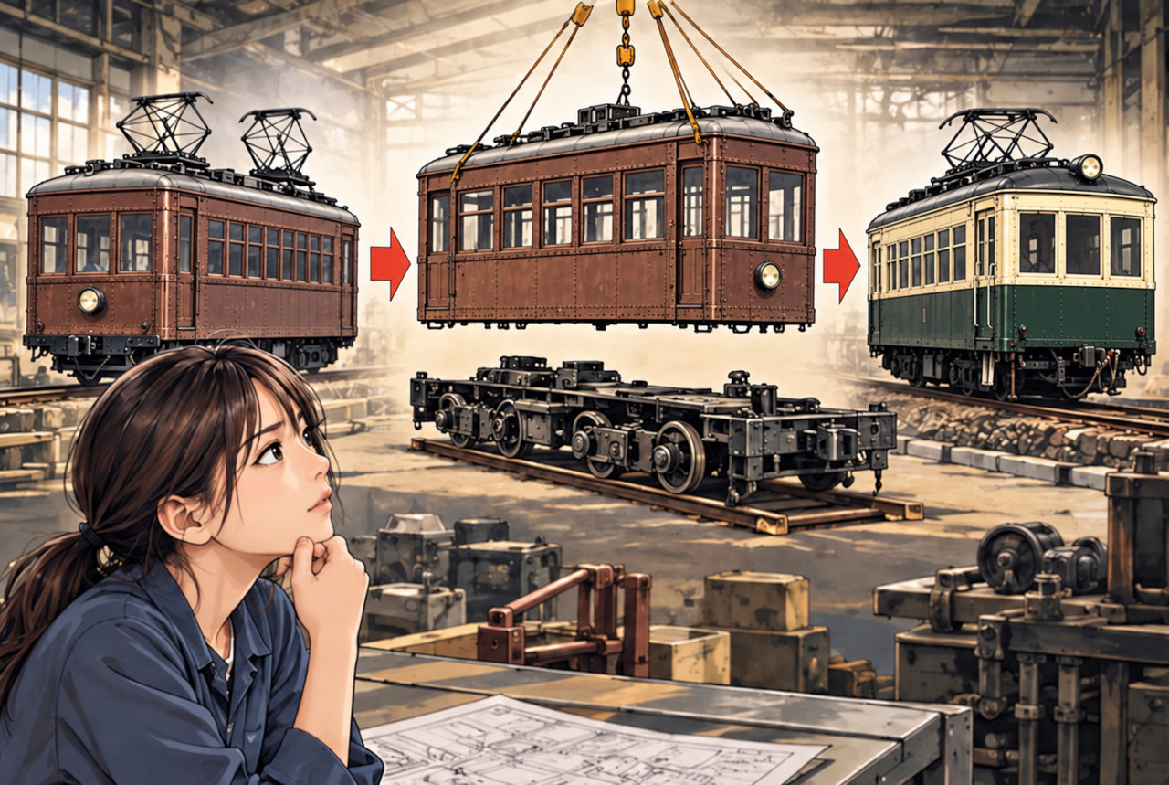 モ1号の旧車体が車体更新後に別の車両として使われる流れを示した模式イメージ