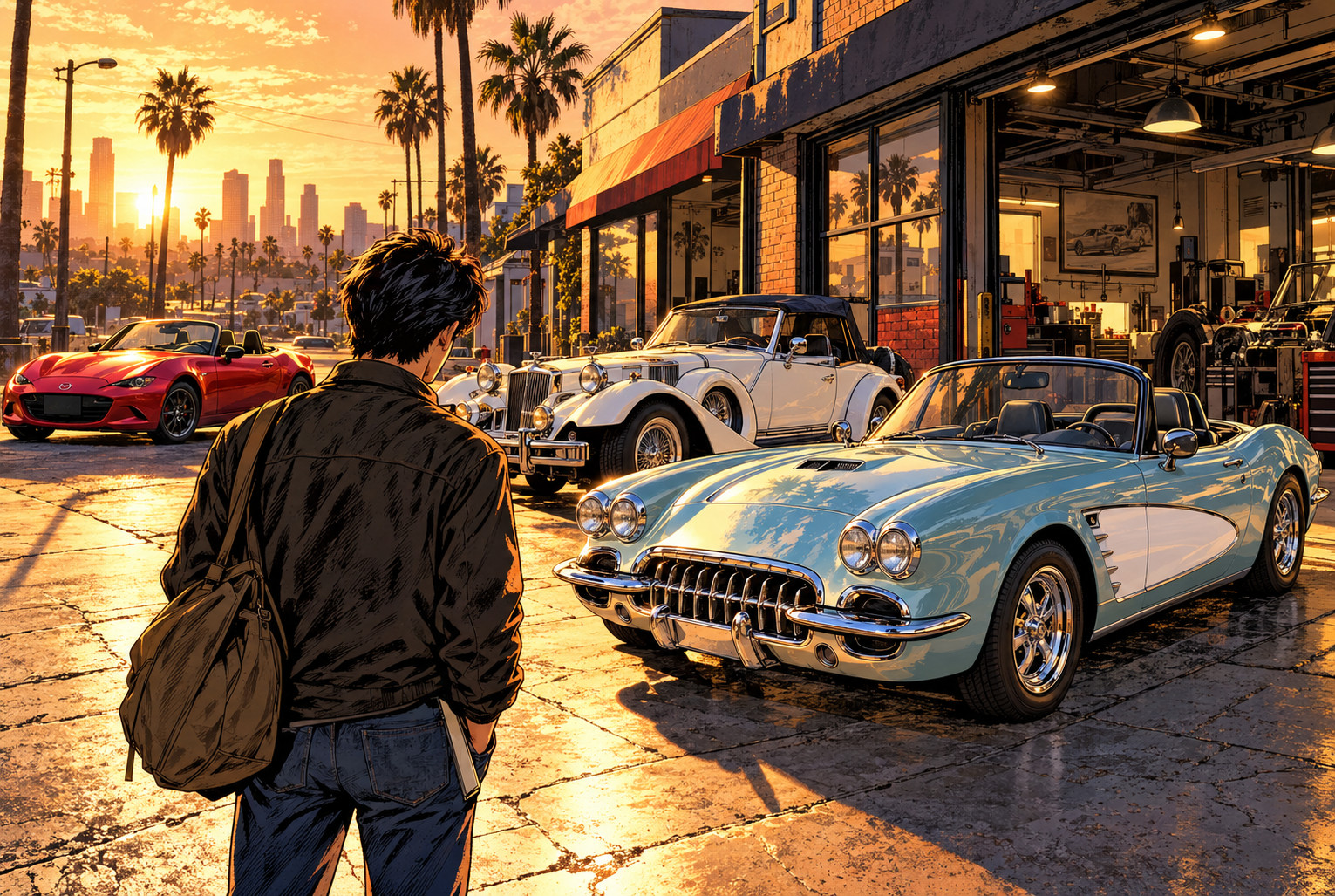AI conceptual illustration of Mitsuoka's design roots in 1980s Los Angeles kit-car culture and later retro-styled sports cars