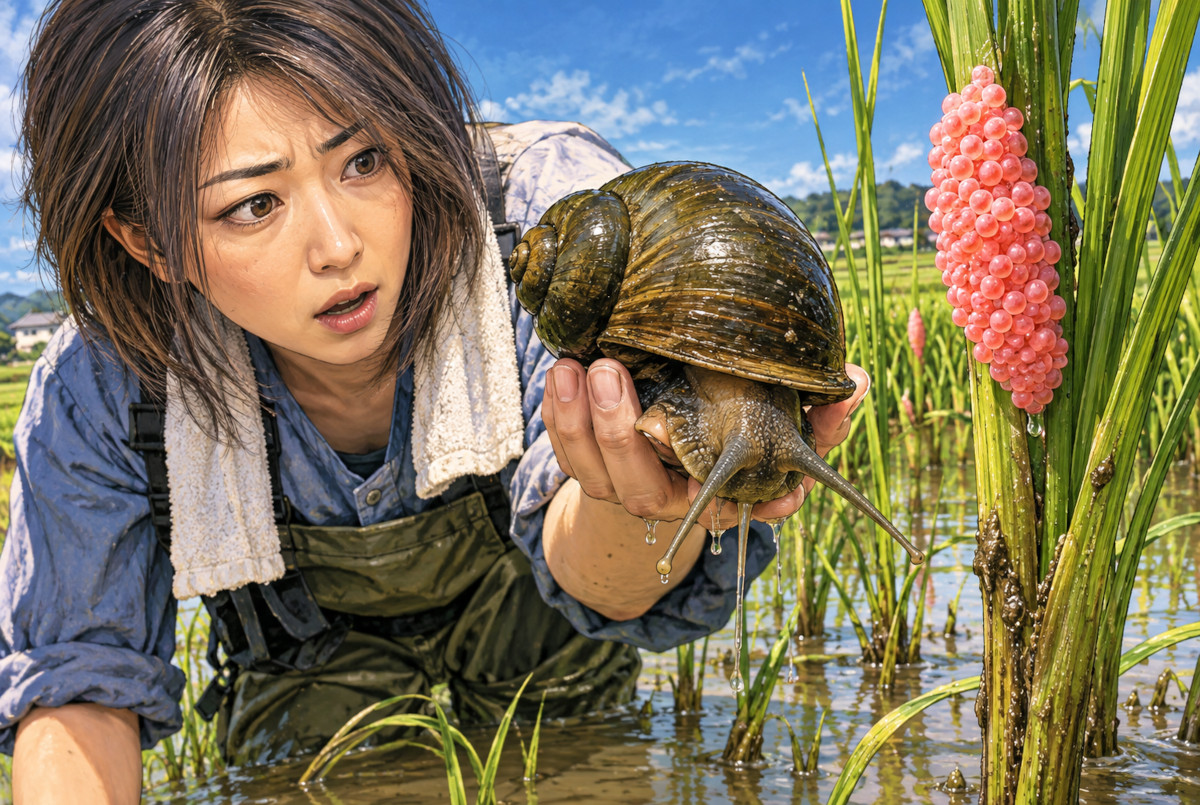 水田にいるスクミリンゴガイと稲に産み付けられたピンク色の卵塊