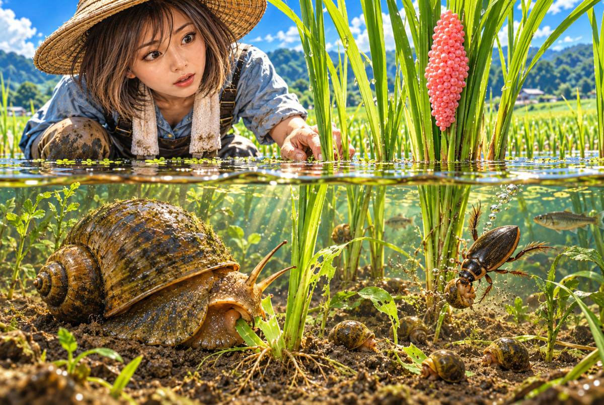 水田でスクミリンゴガイとゲンゴロウなどの水生生物の関係を表現したイメージ